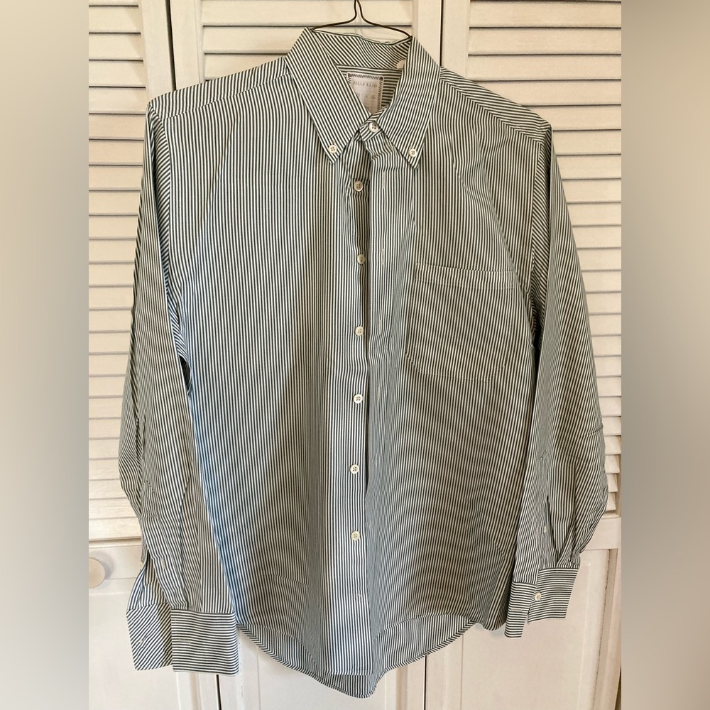 Green striped Billy Reid button down shirt.